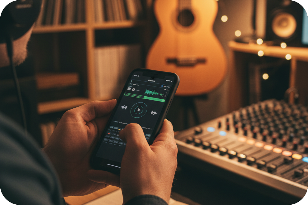 Musician using a mobile app as a 'BPM Tapper' or 'BPM Counter'.