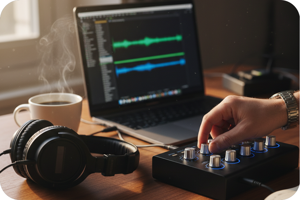 Hand adjusting sound mixer, potentially for a 'BPM Calculator' or 'BPM Clicker' workflow.