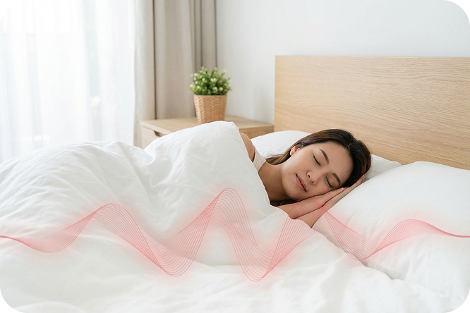 伴著白噪音產生器安然入睡的女子。