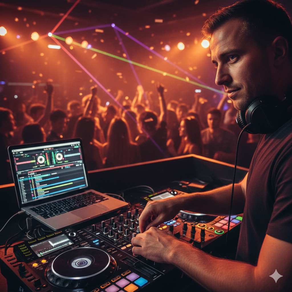 DJ using a 'BPM tapper' or 'BPM counter' during a live performance.