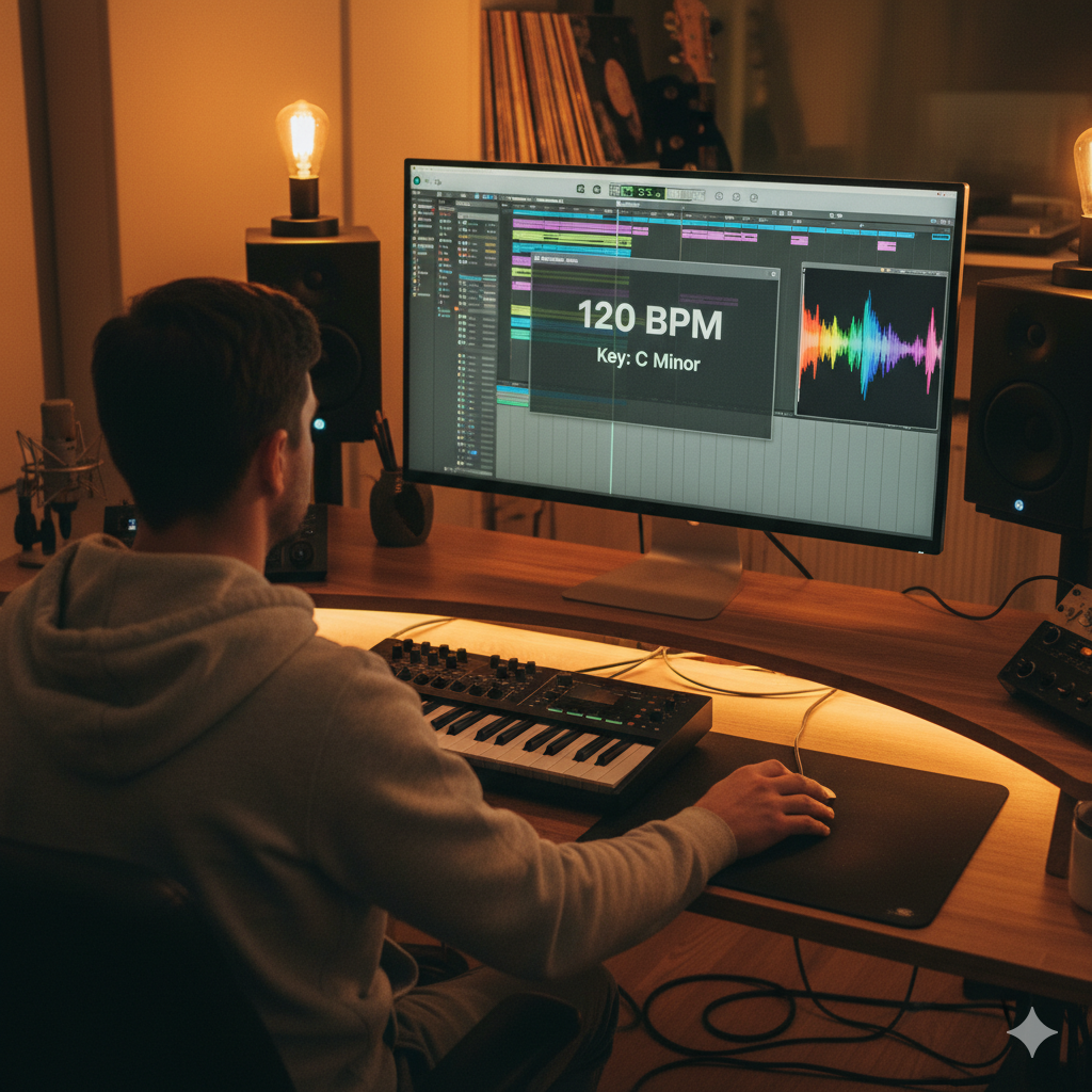 Musician in a studio using a 'BPM calculator' on a monitor.