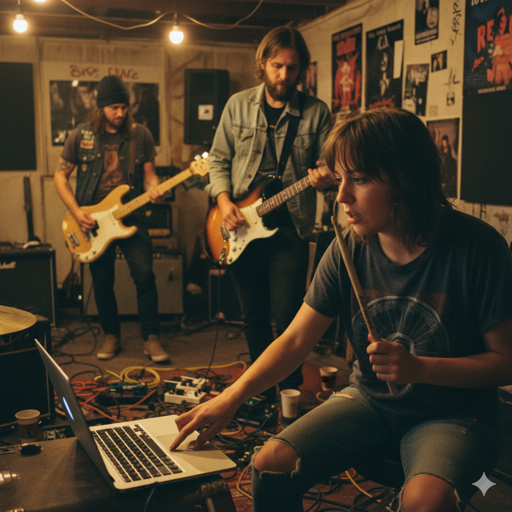 Band members, one of whom is possibly using a 'BPM tapper' on a laptop.