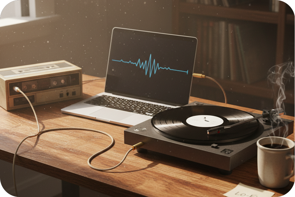 Lofi converter setup with turntable and cassette.