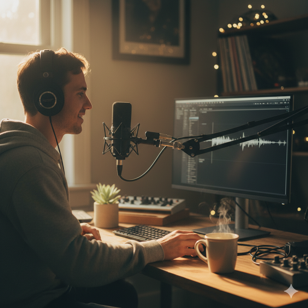 Man in studio, likely using a 'lo-fi converter' for audio.