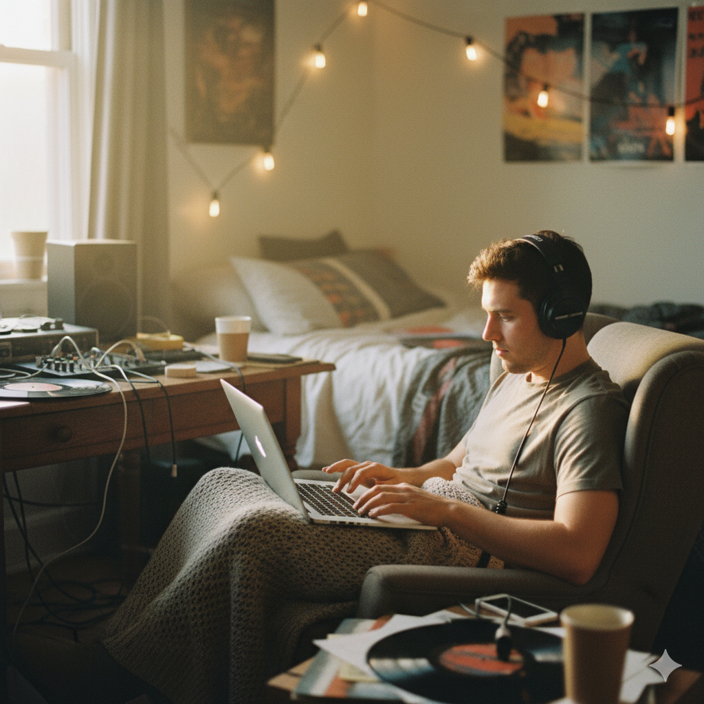 Man relaxing and using a 'lo-fi converter' on his laptop.