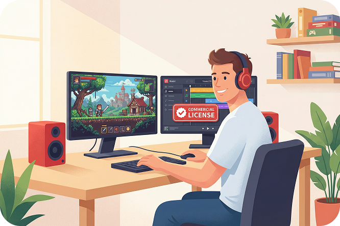 8비트 음악 생성기의 로열티 프리 음악을 사용하는 게임 개발자.