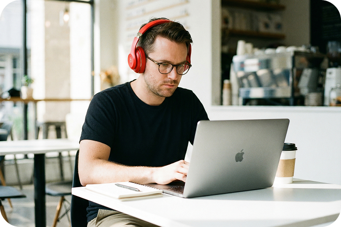 텍스트 프롬프트로 AI 8비트 음악 생성기를 사용하는 사람.