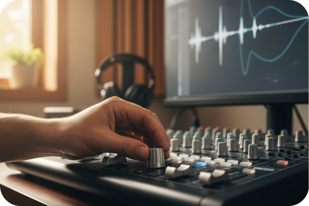 Hand adjusting knobs on a mixing board, likely for a 'Slowed and Reverb Generator'.