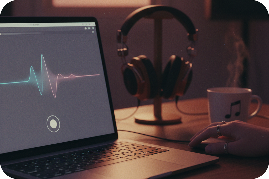 Laptop displaying a sound wave, used as a 'Slowed and Reverb Generator' with headphones nearby.