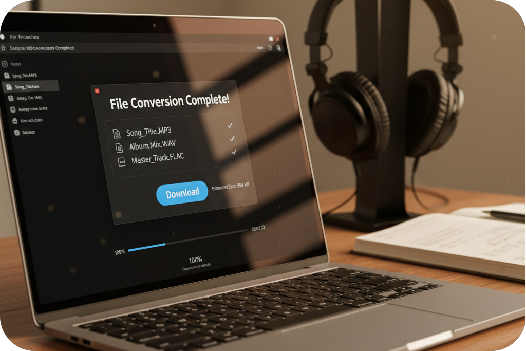 Laptop screen showing 'File Conversion Complete!' from a 'Slowed and Reverb Generator' or similar audio tool.