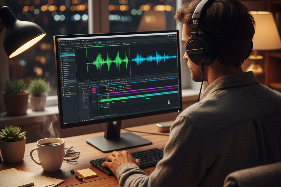 Man in a studio, actively using a 'Slowed and Reverb Generator' on his computer.