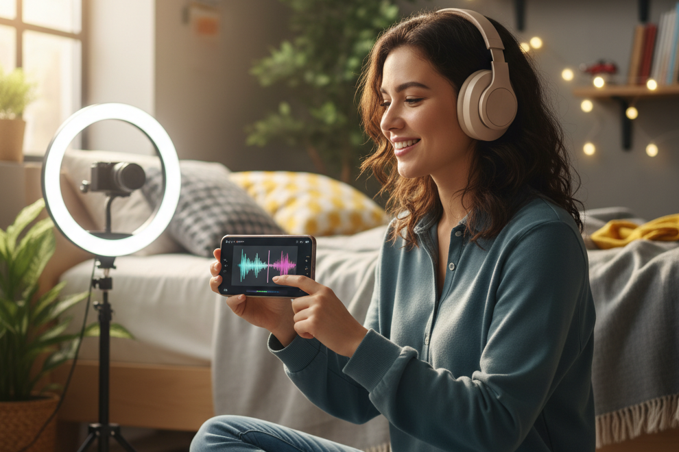 Woman creating content with a phone, possibly using a 'Slowed and Reverb Generator'.