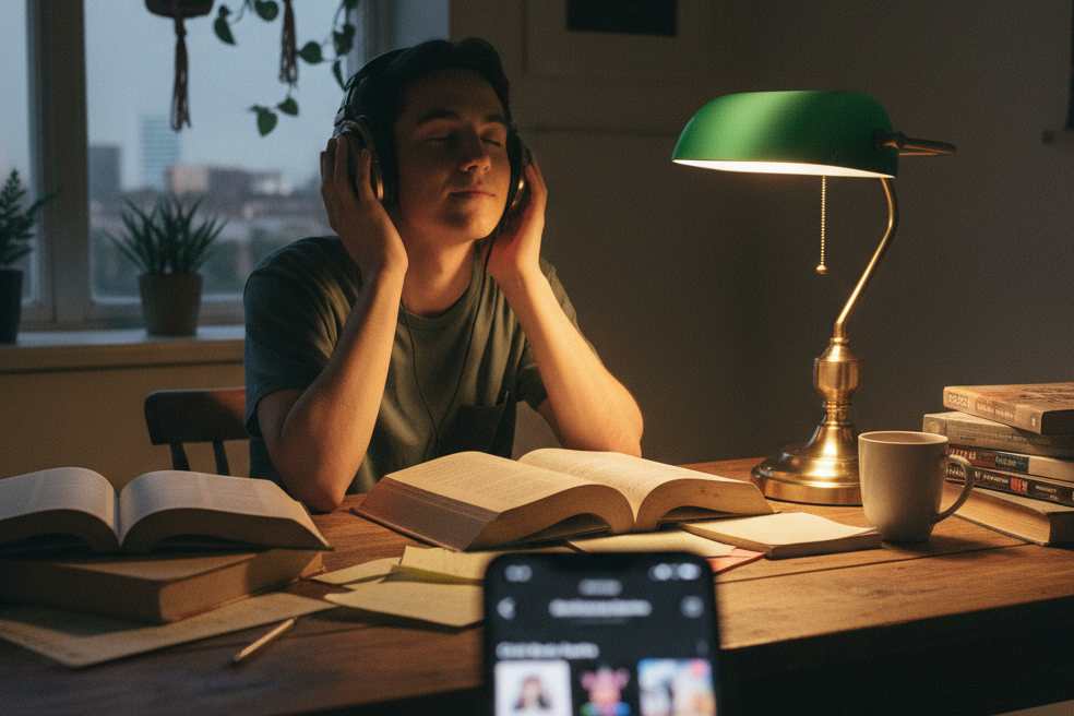 Person studying, listening to music, perhaps created with a 'Slowed and Reverb Generator'.