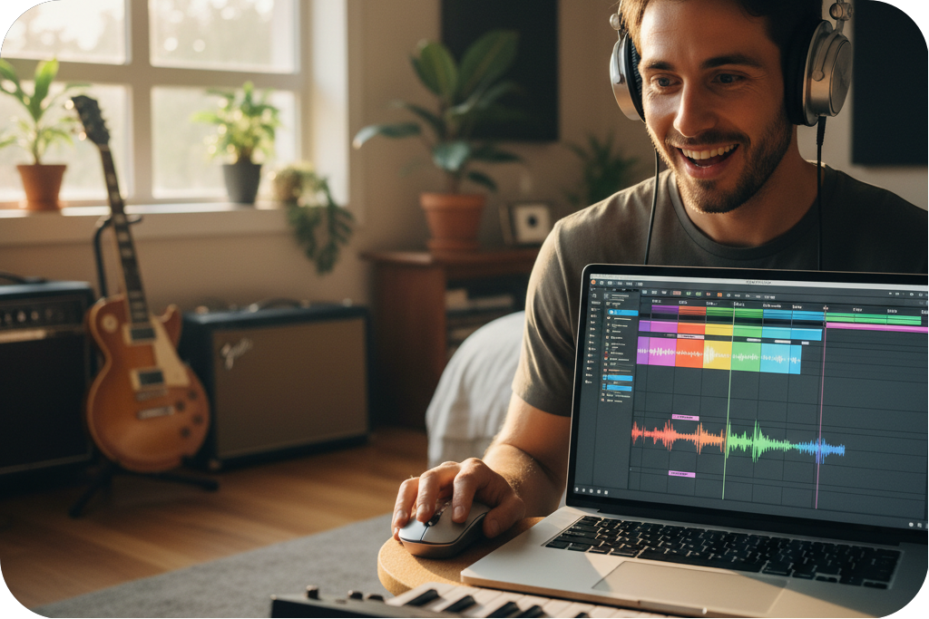 Smiling man in headphones using a 'Slowed and Reverb Generator' on his laptop.