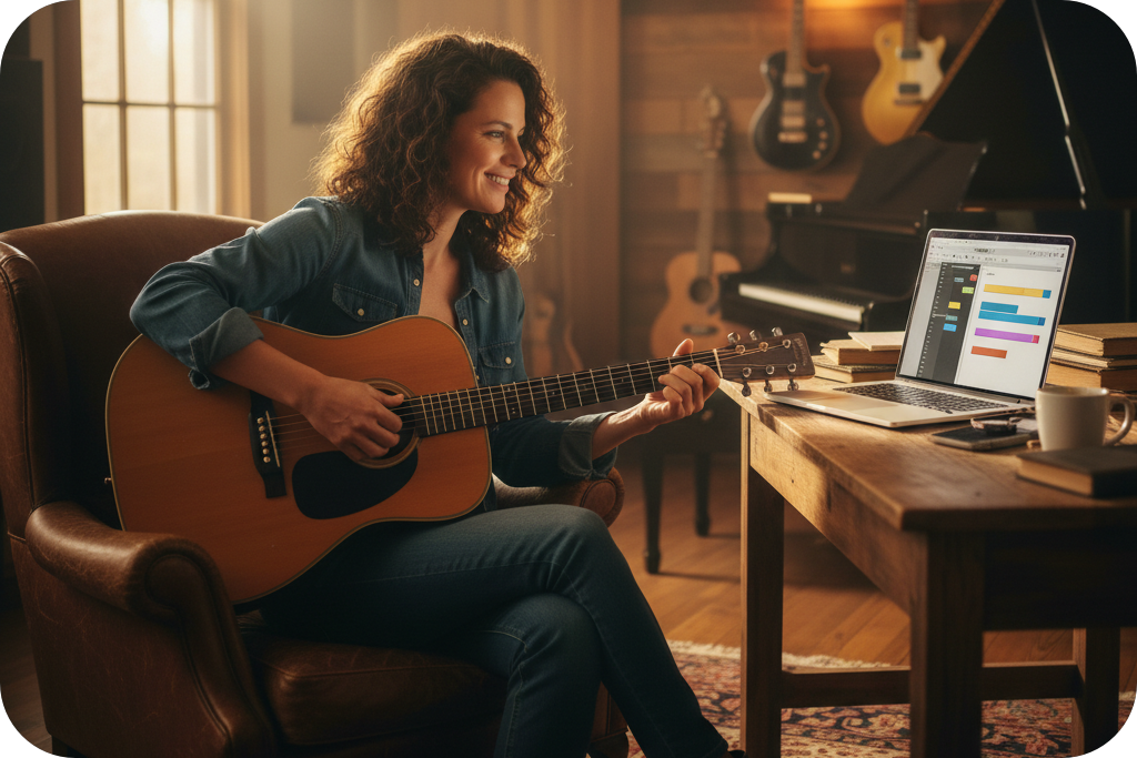 Woman playing guitar using a Chord Progression Generator.