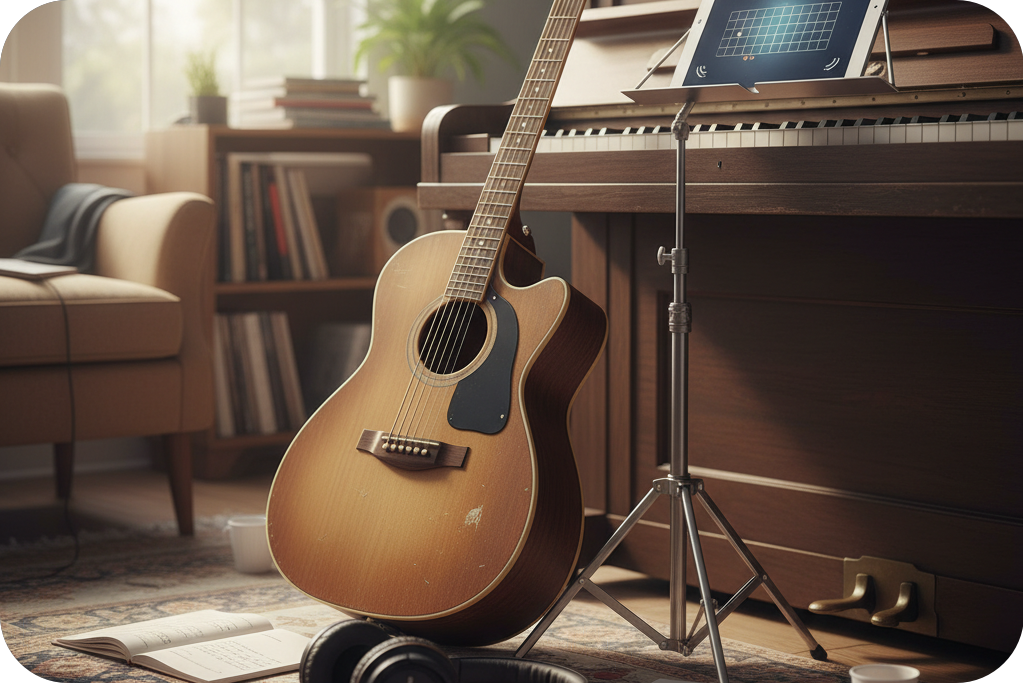 Tablet showing a Chord Progression Generator near instruments.