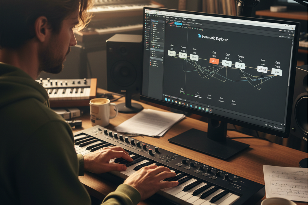 Man composing with a Chord Progression Generator software.