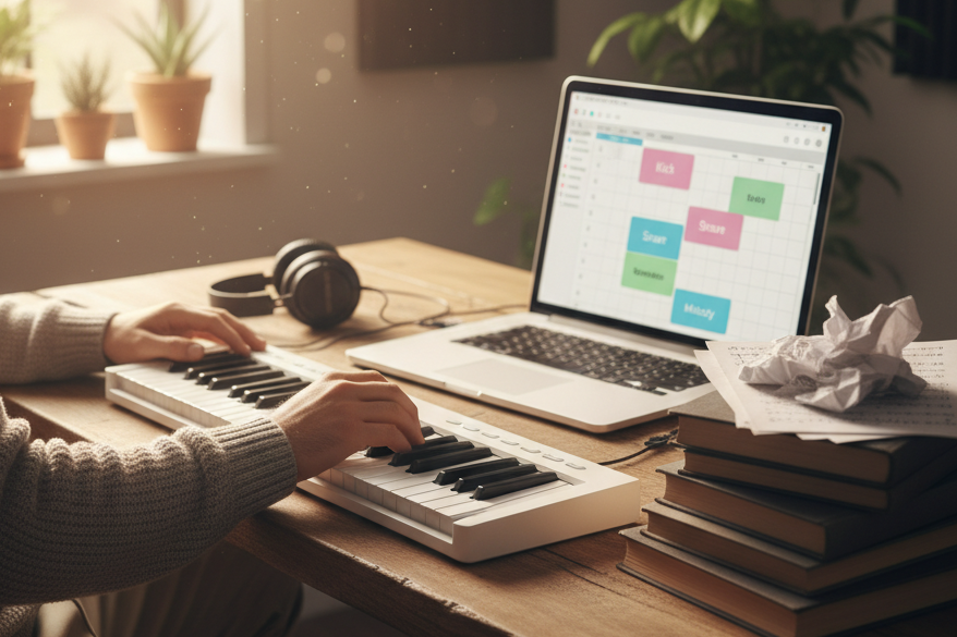 Musician using a Chord Progression Generator on a laptop.