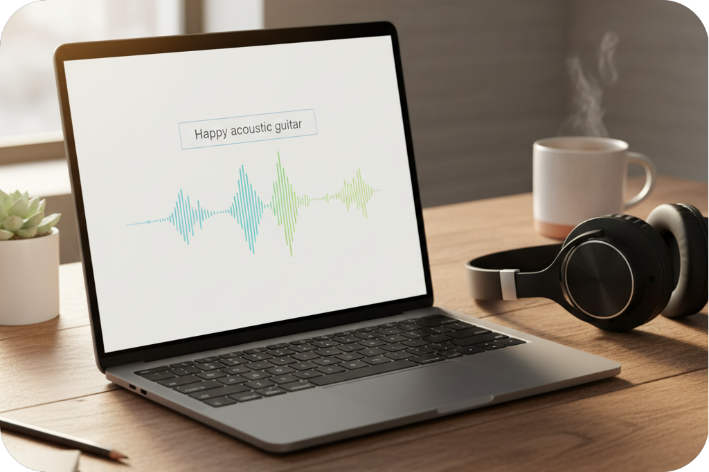 Laptop displaying AI Background Music Generator.