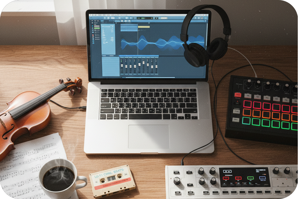 Workspace with AI Background Music Generator.
