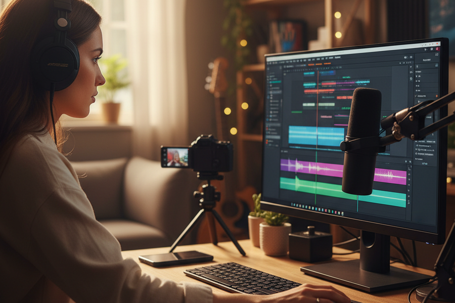 A content creator using an AI BGM Generator for her video.