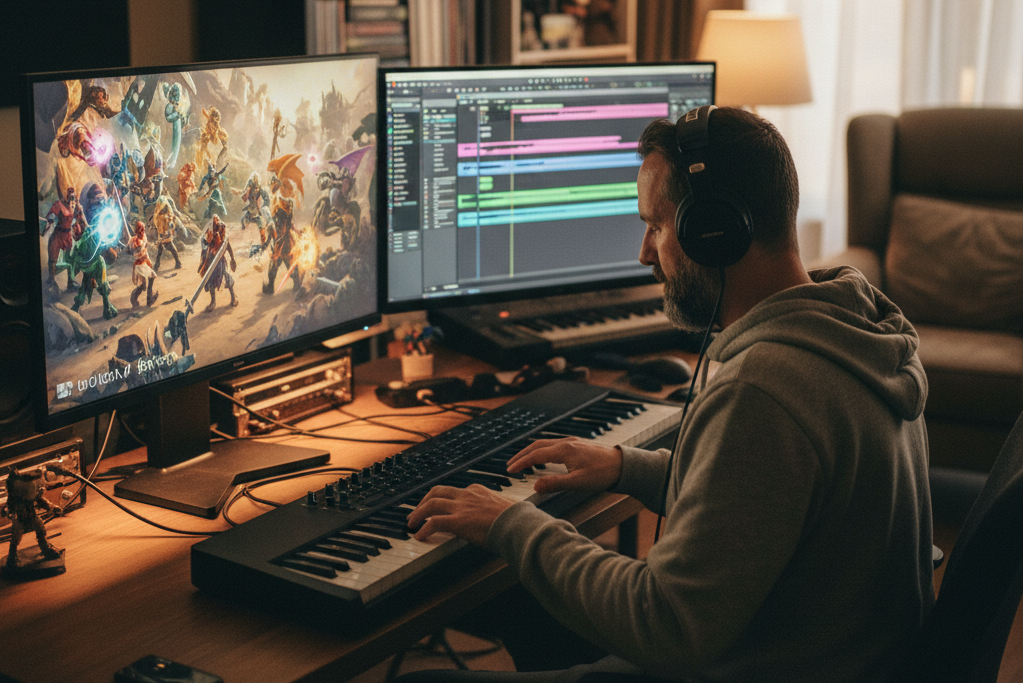 Streamer using an AI Background Music Generator on a dual-monitor setup.