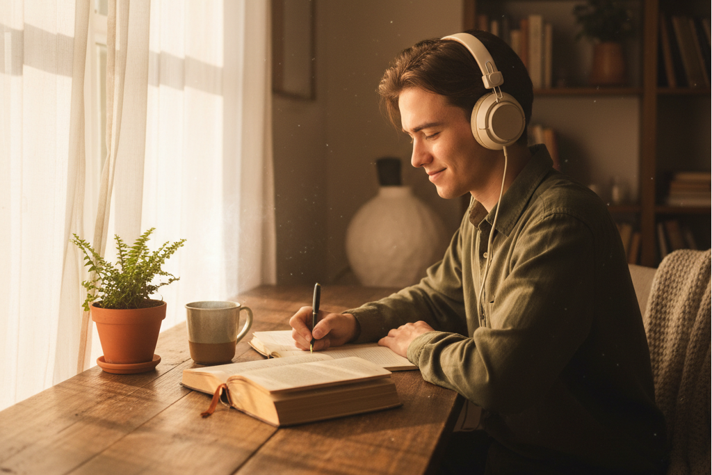 Student studying while listening to tunes from an AI Background Music Generator.