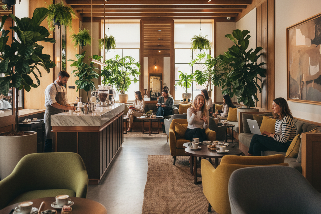 Busy coffee shop atmosphere enhanced by an AI Background Music Generator.