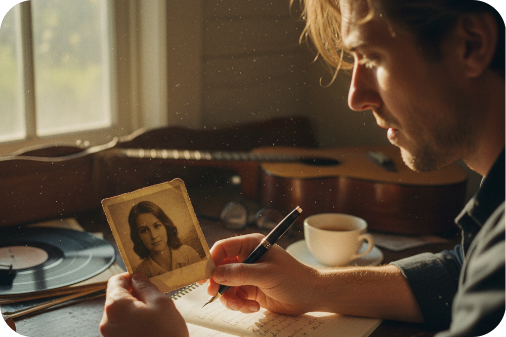 Man looking at a photo for Photo To Music and ai image to song inspiration.