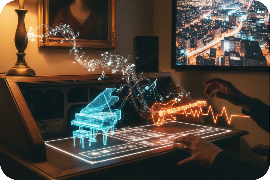 Futuristic concept showing an ai music generator from image and image to audio ai.