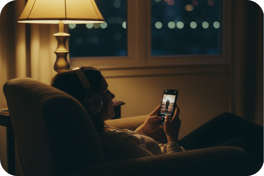 Woman listening to an ai image to song generated by Photo To Music technology.