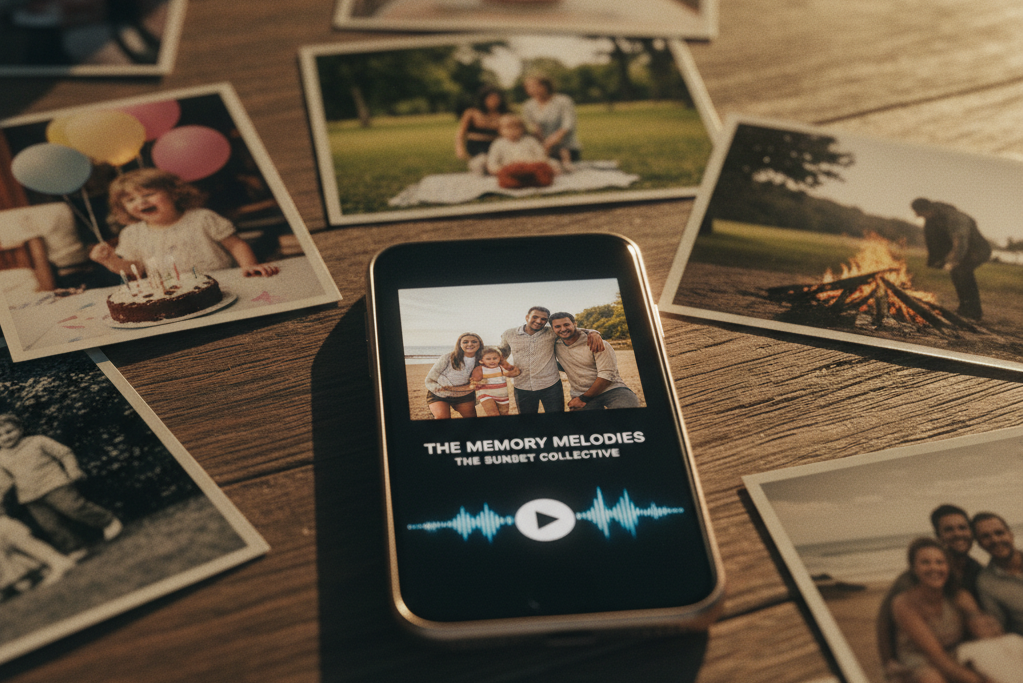 Smartphone playing a track from a family photo, illustrating Photo To Music and ai image to song.