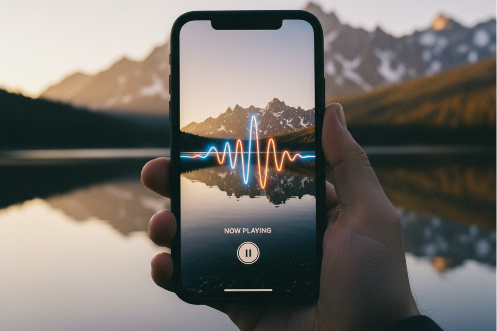 Phone turning a landscape view into sound using image to audio ai and an ai music generator from image.