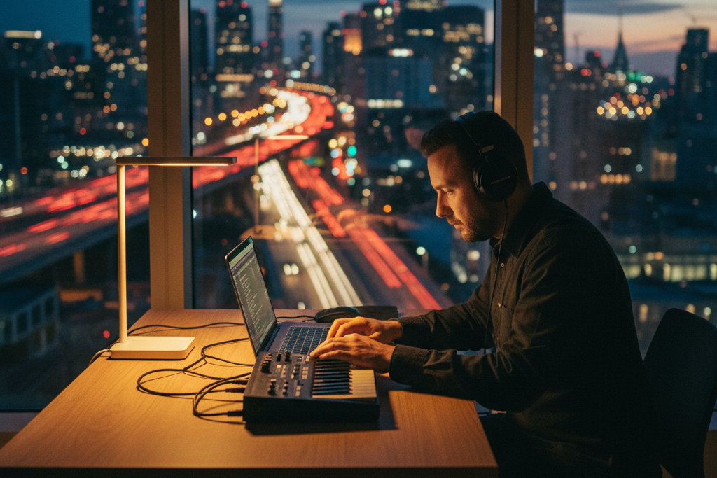 Producer composing with a city view, using ai image to music and Image To Music tools.