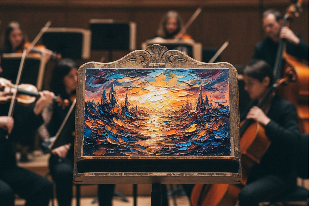 Orchestra playing from a painting instead of notes, visualizing Image To Music and ai image to song.