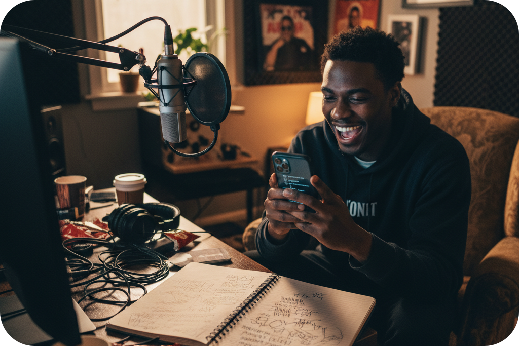 Rapper writing with a Rap lyrics Generator and freestyle rap lyrics generator.