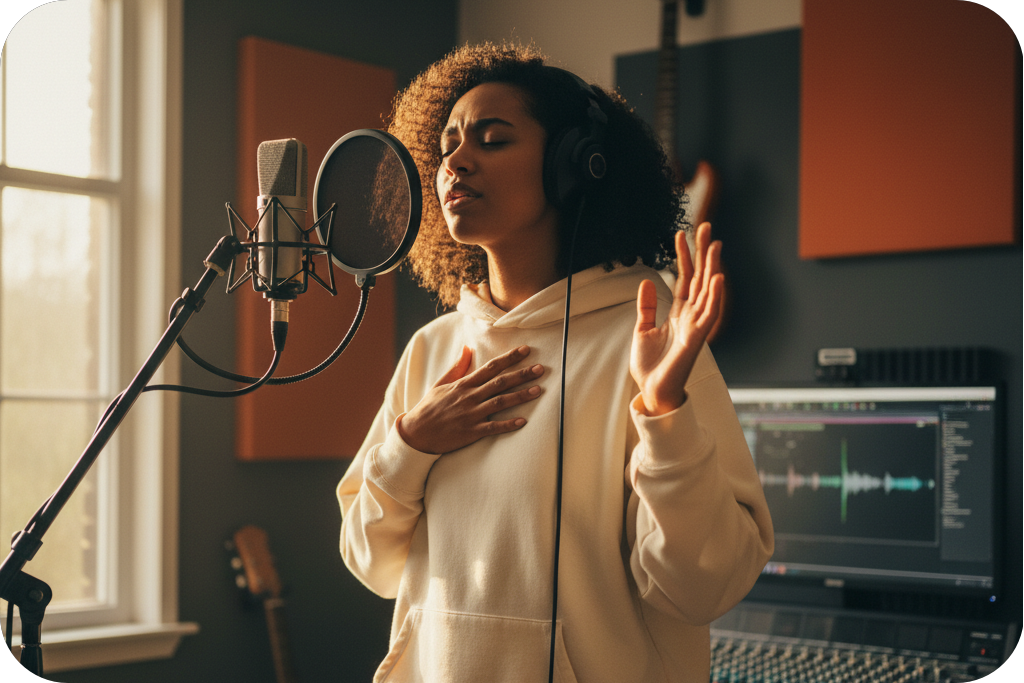 Artist recording vocals from an ai rap lyrics generator.