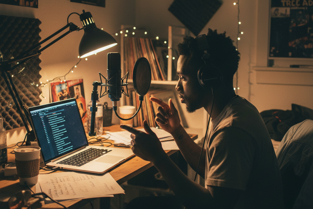 Man using an AI Rap Generator and text to rap generator on his laptop.