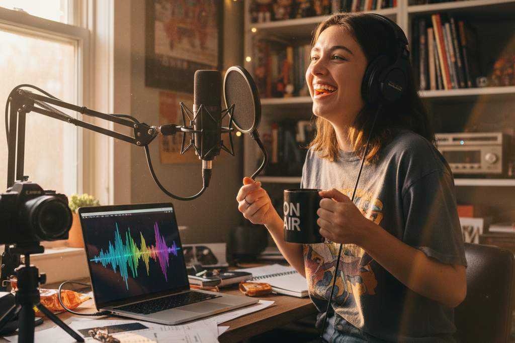 Woman recording with an ai rap maker and ai rap lyrics generator.