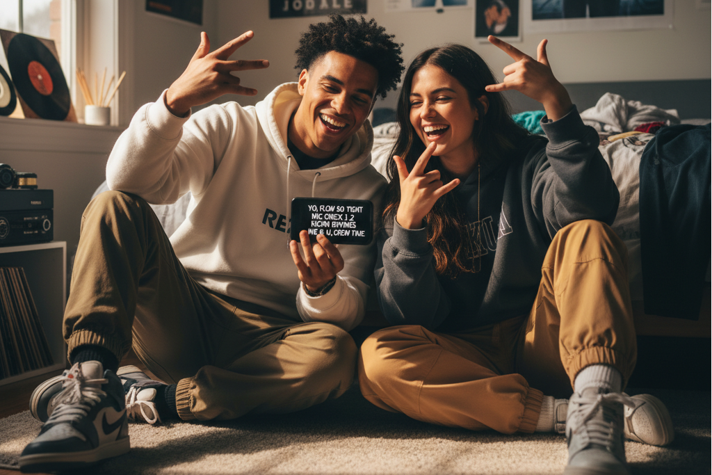 Two happy friends showing lyrics on a phone from an AI Rap Generator.