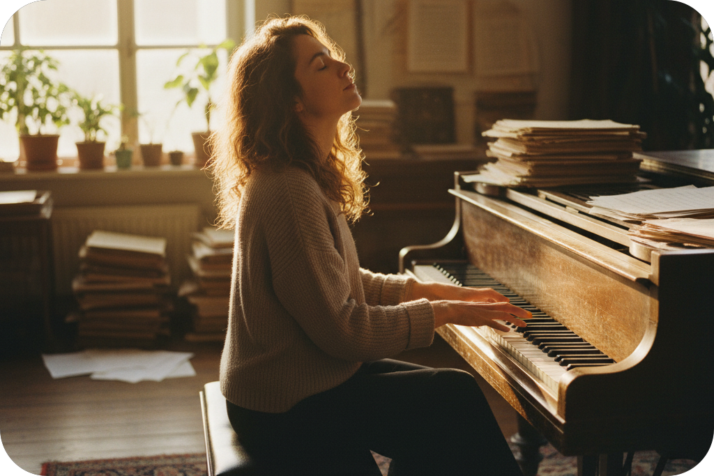 Woman playing piano, translating ideas from an ai midi music generator.