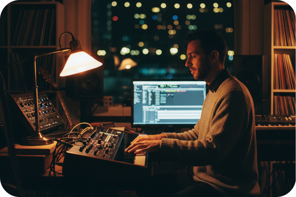 Musician in a night studio using an AI MIDI generator to generate midi.