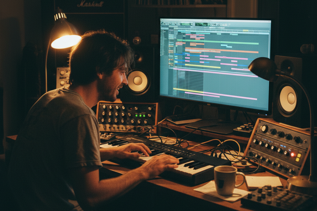 Musician using an ai midi music generator to generate midi tracks.