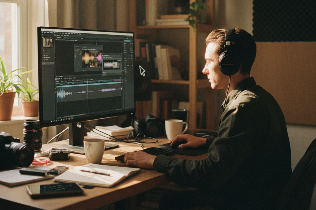 Producer editing a composition with an AI MIDI generator.
