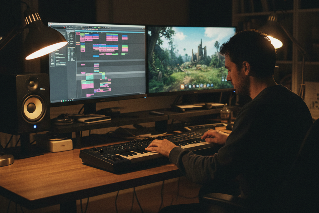 Composer playing keys alongside ai generated midi patterns.