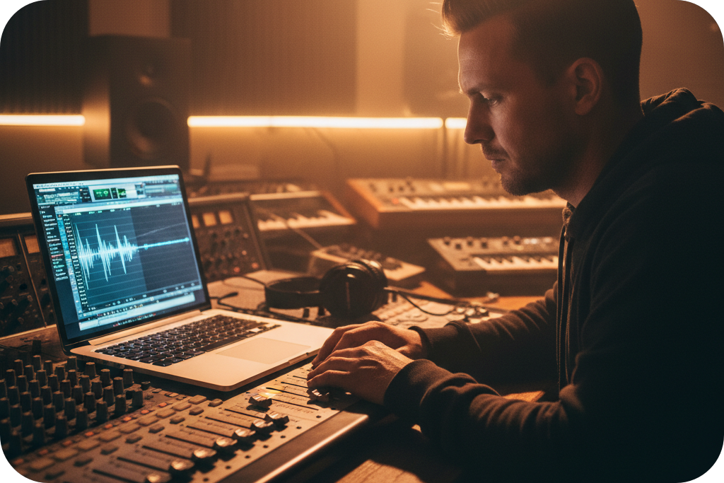 Producer mixing music on a laptop equipped with a Key and BPM finder.