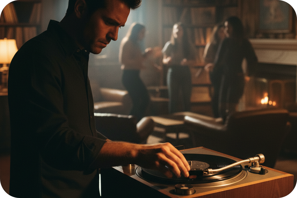 Man playing vinyl at a party, using a Key and BPM finder for song selection.