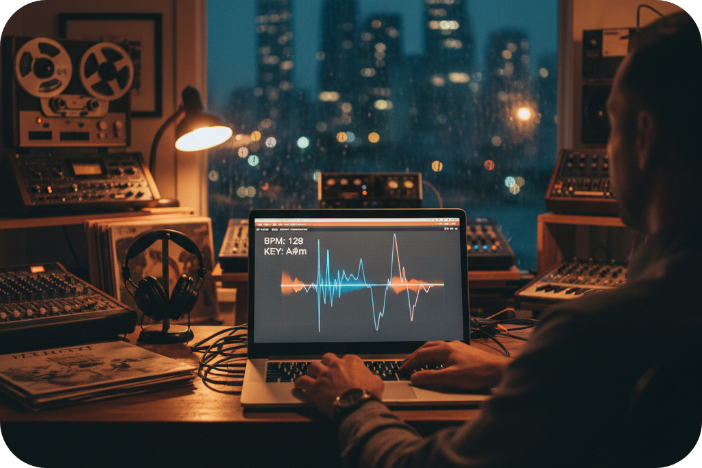 Laptop screen displaying analysis from a Key and BPM finder.