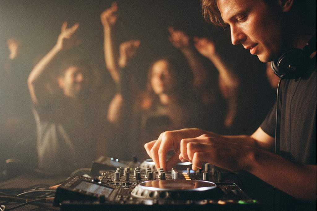 DJ mixing live tracks with the help of a Key and BPM finder.