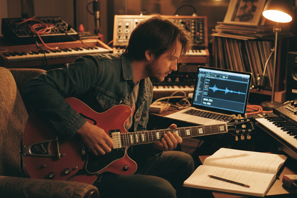 Guitarist recording with a laptop running a Key and BPM finder.